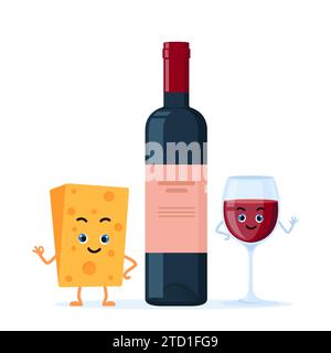 Fromage souriant et verre de vin rouge, mignons personnages drôles. Bouteille de vin rouge entre eux. Concept de nourriture et de boisson. Illustration vectorielle Illustration de Vecteur