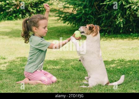 Comment former un chien sans friandises et quelle récompense non alimentaire à utiliser. Fille dressant un chien récompense son animal de compagnie avec un jouet de balle. Banque D'Images