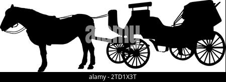 Silhouette en noir d'une calèche tirée par des chevaux Illustration de Vecteur