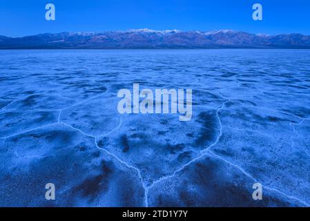 Polygones de formation de sel dans le bassin Badwater et les montagnes Panamint à l'aube dans le parc national de la Vallée de la mort, en Californie. Banque D'Images