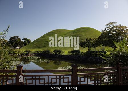 Une vue du complexe de tombes de Daereungwon à Gyeongju, présentant une végétation luxuriante, des monticules royaux, un étang réfléchissant avec des nappes de lys, sous un ciel bleu clair Banque D'Images