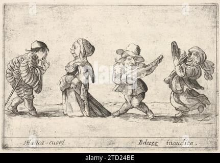 Callot figures ; un homme nain bien habillé à gauche déclarant son amour à une vieille femme naine à gauche, un homme nain jouant de la guitare et une femme naine dansant avec un tambourin à droite, tiré de six grotesques (six pièces de figures grotesques) 2012 par François Collignon Banque D'Images