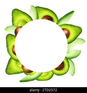 Cadre rond aquarelle, avocat mûr et moitié d'avocat. Illustration dessinée à la main isolée sur fond blanc. Conception parfaite pour le menu alimentaire, Keto die Banque D'Images