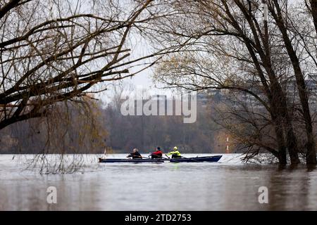 Impression vom Hochwasser in Köln am Ufer von Köln-Rodenkirchen : Am Ufer des Rhein sind Spielplätze, Gehwege und Wiesen überflutet. Absperrungen weisen auf Hochwasser Hin. Themenbild, Symbolbild Köln, 15.12.2023 NRW Deutschland *** impression de l'inondation à Cologne sur les rives de Cologne Rodenkirchen les aires de jeux, les sentiers et les prairies sont inondés sur les rives du Rhin les barrières indiquent l'inondation image thématique, image symbolique Cologne, 15 12 2023 NRW Allemagne Copyright : xChristophxHardtx Banque D'Images