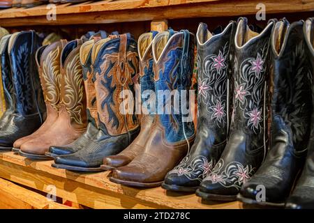 Botte de cow-boy sur l'étagère. Bottes de style américain en cuir d'autruche et de buffle. Botte de cow-boy sur l'étagère. Étagères pleines de nouvelles bottes de cow-boy. Bottes de cow-boys alignées sur une étagère dans un magasin. Banque D'Images