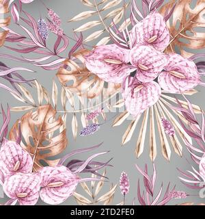 Motif floral aquarelle tropicale dans des tons pastel. Anthurium, eucalyptus, motif monstera sur fond gris pour le design textile, tissus, wallpap Banque D'Images