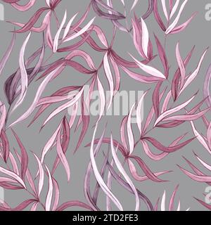 Motif floral aquarelle. Motif de branches d'eucalyptus rose sur fond gris pour le design textile, les tissus, le papier peint Banque D'Images