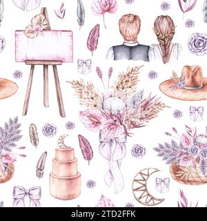 Modèle de mariage avec jeunes mariés, accessoires, bouquets, fleurs sur un fond blanc. Modèle de mariage aquarelle dans le style Boho pour la conception textile, pri Banque D'Images