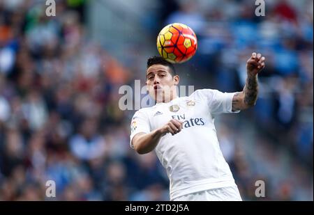 Madrid, 12/05/2015. Match de championnat disputé au stade Santiago Bernabéu entre le Real Madrid et Getafe. Dans l'image, James Rodríguez pendant la réunion. Photo : Oscar del Pozo ARCHDC. Crédit : Album / Archivo ABC / Oscar del Pozo Banque D'Images