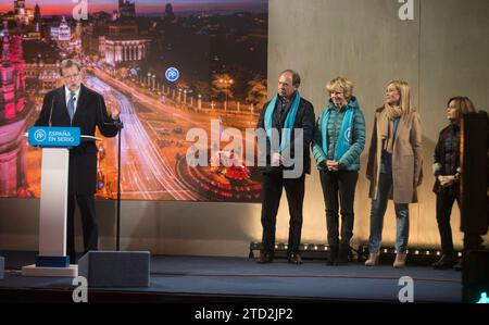 Madrid, 12/03/2015. Début de la campagne électorale du PP en présence du Président du Gouvernement, Mariano Rajoy, Soraya Sáenz de Santamaría, Esperanza Aguirre, Cristina Cifuentes et Pío García Escudero. Photo : Ángel de Antonio ARCHDC. Crédit : Album / Archivo ABC / Ángel de Antonio Banque D'Images