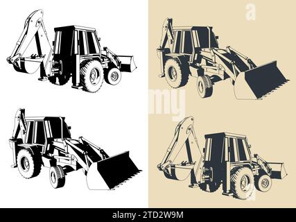Illustrations vectorielles stylisées de chargeuse-pelleteuse Illustration de Vecteur