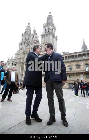 Santiago de Compostelle (la Coruña), 2/3/2019. Le chef du Parti populaire, Pablo Casado, a visité la ville galicienne accompagné du président de Galice, Alberto Feijoo. Photo : Miguel Muñiz archdc. Crédit : Album / Archivo ABC / Miguel Muñiz Banque D'Images