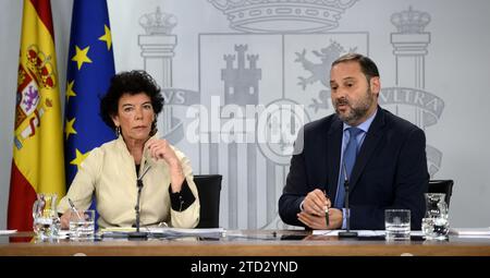 Madrid, 09/28/2018. Conférence de presse après le Conseil des ministres en présence d'Isabel Celaa et José Luis Ábalos. Photo : Maya Balanya ARCHDC. Crédit : Album / Archivo ABC / Maya Balanya Banque D'Images