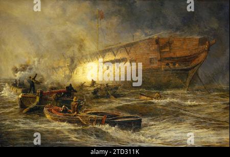 Storm and Sunshine : a Battle with the Elements, huile sur toile, de William Lionel Wyllie. Une peinture montrant la coque de la frégate en bois "Leonidas" ancrée près d'Upnor sur le Medway dans le Kent, Royaume-Uni. Le littoral est visible au loin sur la gauche. Le «Leonidas», 36 canons, a été lancé en 1807 et en 1872 avait cessé de servir actif pour devenir une poudrière stockant du coton pour armes à feu. Banque D'Images