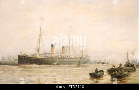 Teutonic quitte Liverpool en juillet 1889, huile sur toile, de William Lionel Wyllie. Le RMS Teutonic était un paquebot construit pour la White Star Line in Banque D'Images
