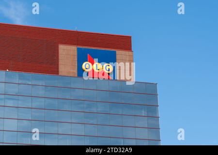 Logo OLG (Société des loteries et des jeux de l'Ontario) apposé sur l'édifice de son siège social à Sault Ste. Marie, ONTARIO, Canada Banque D'Images