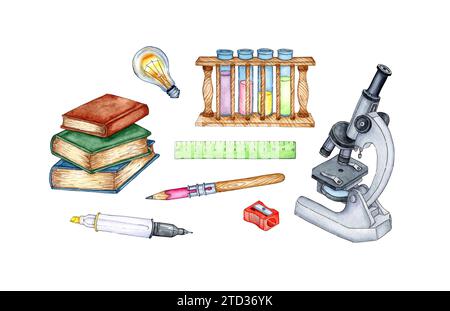 Un ensemble d'illustrations à l'aquarelle pour les leçons de chimie. Laboratoire chimique. Équipement chimique. Microscope, flacon, tube à essai, livres, règle, crayon, Banque D'Images