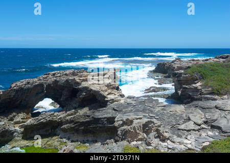 Vue panoramique sur le cap Vlamingh et son littoral accidenté, l'océan Indien, Rottnest Island ou Wadjemup, Australie occidentale, Australie Banque D'Images