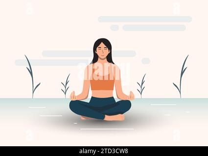 Méditation, la femme est assise les jambes croisées pour méditer pour calmer son esprit. Donner lieu à de nouvelles idées de travail Vector illustration de fond bleu ton Illustration de Vecteur