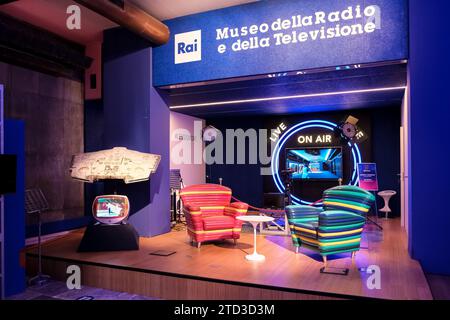 Équipement de studio exposé au Musée de la radio et de la télévision situé dans le centre de production Rai dans le centre-ville de Turin, Italie Banque D'Images