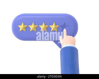 Main de l'utilisateur pointant sur le formulaire de sondage et choisissant l'étoile jaune. Avis client positif cinq étoiles. Feedback en ligne, rendu 3D sur fond blanc. Banque D'Images