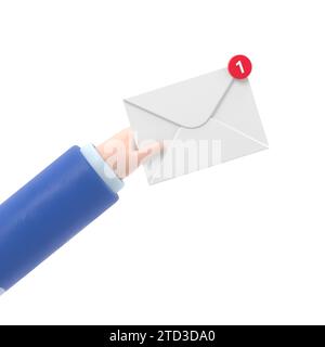 Concept de message reçu. Nouveau, e-mail entrant, sms. Service de livraison de courrier. Enveloppe en main. recevoir du courrier. Rendu 3D sur fond blanc. Banque D'Images