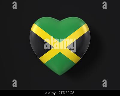 Drapeau de coeur de Jamaïque sur un fond noir. illustration 3d. Banque D'Images