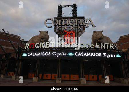 Une vue d'ensemble du Rocket Mortgage Entry au stade de baseball Comerica Park, jeudi 7 décembre 2023, à Détroit. Banque D'Images