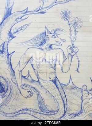 dessin à la main chef-d'œuvre impressionniste original peintre dessin créatif à la ligne croquis trait design monstre imaginaire bande dessinée et composition de dessins animés encre Banque D'Images