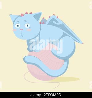 Mignon autocollant de dessin animé chat dragon avec ball.hand dessiné Vector illustration.Funny Fantasy caractère print Illustration de Vecteur