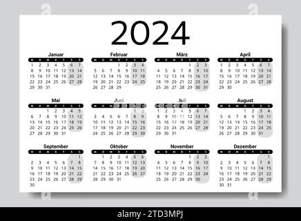 Calendrier ALLEMAND pour 2024. Illustration vectorielle imprimable et éditable pour l'Allemagne. 12 mois année kalender. Illustration de Vecteur