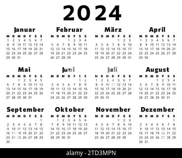 Calendrier ALLEMAND pour 2024. Illustration vectorielle imprimable et éditable pour l'Allemagne. 12 mois année kalender. Illustration de Vecteur