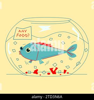 Aquarium avec des poissons a oublié la nourriture.illustration vectorielle drôle dans le style de bande dessinée. Parfait pour la conception des enfants, magasin d'animaux de compagnie Illustration de Vecteur