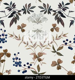 Modèle vintage sans couture avec des feuilles d'aquarelle dessinées à la main, des branches d'eucalyptus, des baies de viburnum et papillon. Pour tissu, papier peint et papeterie Banque D'Images