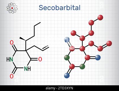 Molécule de sécobarbital. Médicament barbiturique avec propriétés anesthésiques, anticonvulsivantes, sédatives, hypnotiques. Feuille de papier dans la cage. Illustration de Vecteur