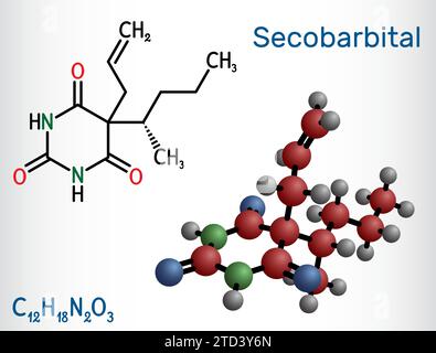 Molécule de sécobarbital. Médicament barbiturique avec propriétés anesthésiques, anticonvulsivantes, sédatives, hypnotiques. Formule chimique structurale, modèle moléculaire. Illustration de Vecteur