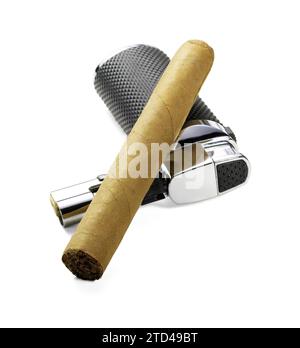 Cigare cubain et briquet isolé sur fond blanc Banque D'Images