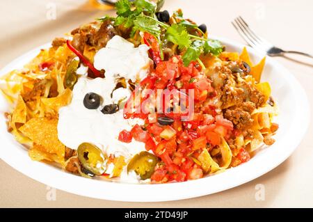 Nachos frais et salade de légumes avec viande, Chili con carne, nourriture mexicaine tipycal, photographie alimentaire Banque D'Images