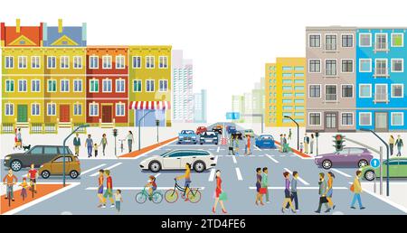 Silhouette de ville d'une ville avec circulation routière et personnes, illustration Illustration de Vecteur