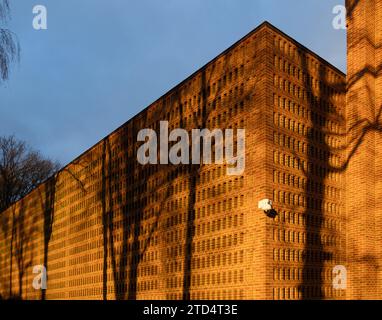 Des ombres d'arbres tombent sur un parking à plusieurs étages doré éclairé par le soleil, créant une ambiance étrange. Répétition des motifs architecturaux d'un parking à plusieurs étages. Banque D'Images