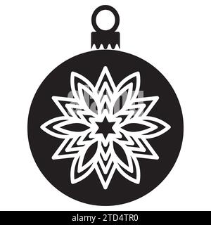 Silhouette de décoration d'arbre de Noël avec flocon de neige, illustration vectorielle noir et blanc. Icône boule de Noël. Illustration de Vecteur