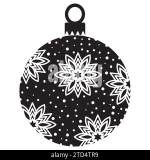 Silhouette de décoration d'arbre de Noël avec des flocons de neige, illustration vectorielle. Icône boule de Noël noire et blanche. Illustration de Vecteur