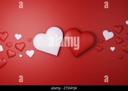 Romantique rouge et blanc doux rendu coeur 3D entouré de petits coeurs sur la surface rouge, symbole de l'amour valentine, voiture de salutation de la fête des mères des femmes Banque D'Images