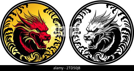 Les écailles de Dragon rouge et doré se heurtent dans un emblème de puissance et de grâce, Dragon Head vecteur de silhouette noire. Logo du nouvel an chinois Illustration de Vecteur