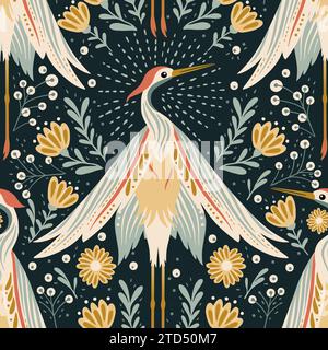 Crane Stork Bird Art Deco Vector Vintage Boho Seamless Pattern. Fond élégant bohémien Illustration de Vecteur