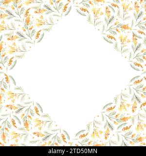 Cadre floral aquarelle en forme de diamant avec beau mimosa jaune. Illustration botanique dessinée à la main. Utilisez pour la conception de mariage, cartes de voeux Banque D'Images