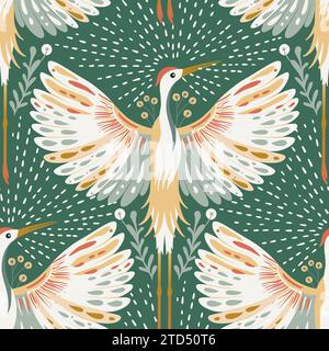 Crane Stork Bird Art Deco Vector Vintage Boho Seamless Pattern. Fond élégant bohémien Illustration de Vecteur