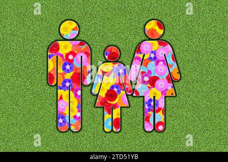 Pictogramme de famille, homme et femme, avec un enfant, fille, conçu avec des fleurs colorées sur fond vert, graphique Banque D'Images