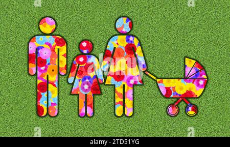 Pictogramme de famille, homme et femme, avec un enfant, une fille et un landau, conçu avec des fleurs colorées sur un fond vert, graphique Banque D'Images