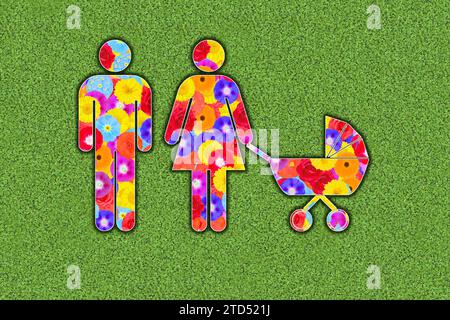 Pictogramme de famille avec, homme et femme et bébé en poussette, conçu avec des fleurs colorées sur fond vert, graphique Banque D'Images